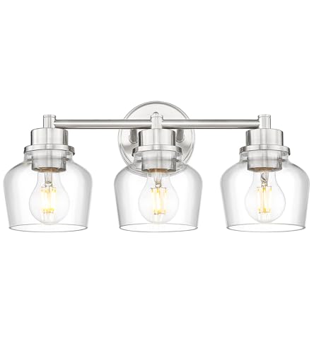 Emak Bathroom Light Fixtures Over Mirror, Brushed Nickel Vanity Light with Clear Glass Shade, 3-Light Vanity Lights for Bathroom, Mirror, Makeup Desk, VL122-BN-CG-3 - color: Brushed Nickel & Clear Glass, size: 3 Light
