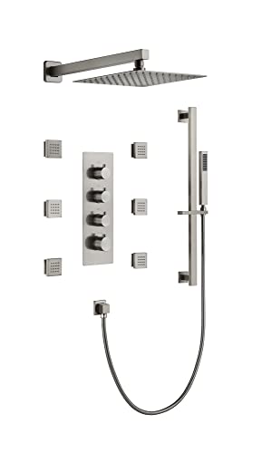 Cascada Luxury 12” Rainfall Shower set (Wall Mounted) with 4 knob thermostatic Valves & 3 functions (Rainfall, Body jets & Hand Shower) (Antique Brass) - color: Antique Brass