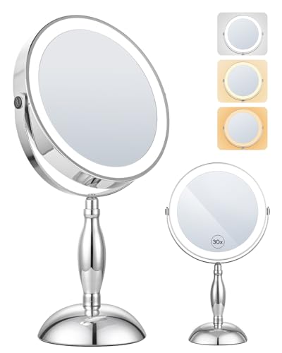 30x Lighted Makeup Mirror with Lights, 8" Double Sided Magnifying Mirror | 3 Color Modes & Adjustable Brightness, 5000mAh Rechargeable, 360° Rotation, Side Touch+Side Charging, Vanity Mirror-Chrome - color: Chrome