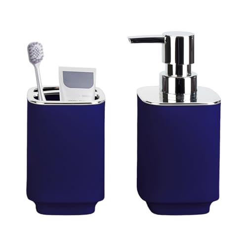 Navy Blue Bathroom Accessories, Soap Dispenser and Toothbrush Holder Set | Boho Bathroom Set 2 Piece for Bathroom Countertop Storage and Decor - color: Navy Blue, size: 2PCS