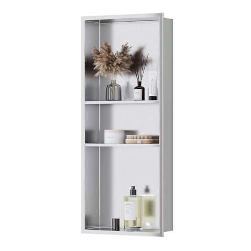 Qeke Stainless Steel Shower Niche 12" X 30", 3-Tiers Wall Niche, Brushed | No tile Needed, Recessed Niche for Bathroom Storage,Waterproof & Space Saving, Over Mount Installation - color: Brushed Nickel, size: 12" × 30"