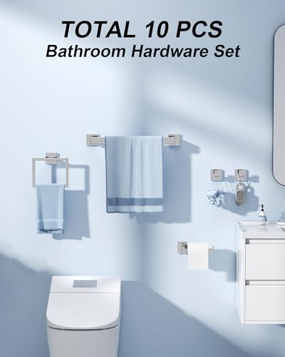 10-Piece Brushed Nickel Bathroom Hardware Set with 16" Towel Bar, Toilet Paper Holder, Towel Rings & Robe Hooks, Stainless Steel Square Bathroom Accessories Kit Wall Mounted - color: Brushed Nickel-16inch