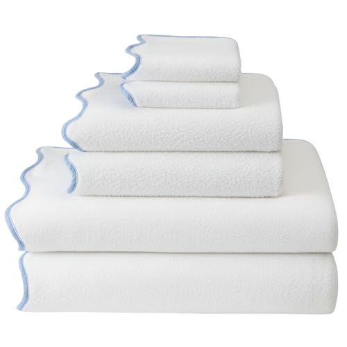 Lotus Linen Scallop Piping Towel Set of 6,100% Zero Twist Cotton, 2 Bath, 2 Hand Towels, 2 Washcloths, Hanging Loops, Soft Absorbent Bathroom Essentials (Dispenza Blue Piping, Towel Set (Pack of 6)) - color: Dispenza Blue Piping, size: Towel Set (Pack of