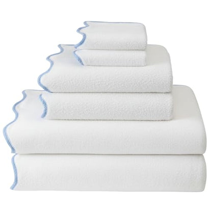Lotus Linen Scallop Piping Towel Set of 6,100% Zero Twist Cotton, 2 Bath, 2 Hand Towels, 2 Washcloths, Hanging Loops, Soft Absorbent Bathroom Essentials (Dispenza Blue Piping, Towel Set (Pack of 6)) - color: Dispenza Blue Piping, size: Towel Set (Pack of