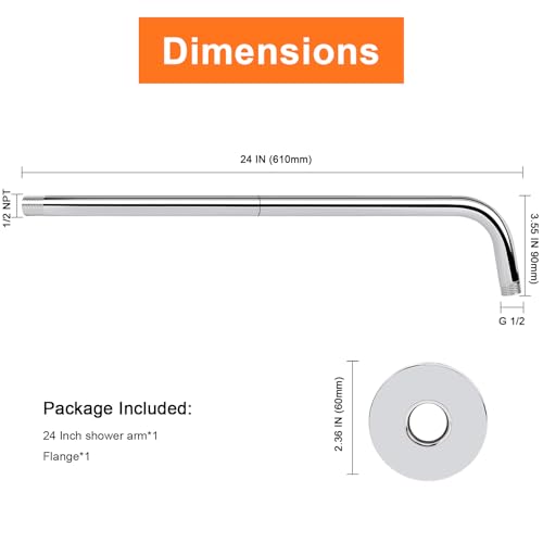 Shower Arm with Flange and Teflon Tape, Wall Mounted Shower Pipe 304 Stainless Steel Extension Arm for Fixed Shower Head & Handheld (24 Inch, Chrome) - color: Chrome, style: 24 Inch