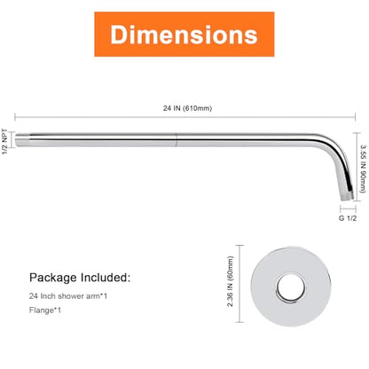 Shower Arm with Flange and Teflon Tape, Wall Mounted Shower Pipe 304 Stainless Steel Extension Arm for Fixed Shower Head & Handheld (24 Inch, Chrome) - color: Chrome, style: 24 Inch