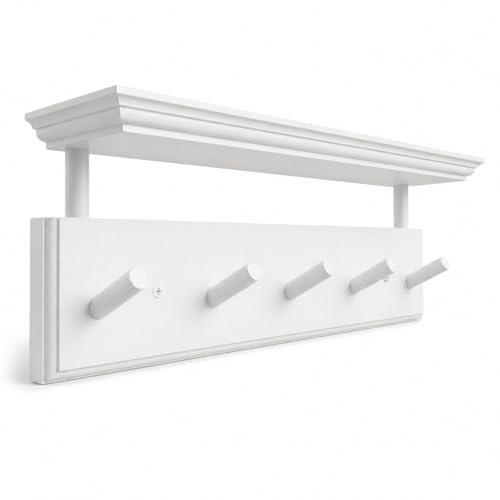 Matías Coat Rack Wall Mount with Shelf, 18 Inch Solid Wood Peg Rail, Wall Mounted Coat Rack with 5 Hooks, Wall Mount Shelf for Entryway, Bathroom or Bedroom (White) - color: White