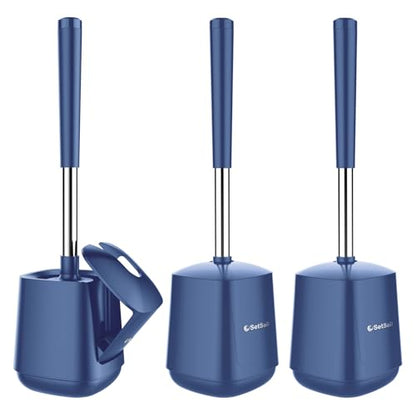 SetSail Toilet Brush and Holder 3 Pack, Self Closing Lid Toilet Bowl Brushes Holder Extra Long Handle Ventilated Toilet Brush Set for Bathroom Cleaning, Nylon Bristles, Dark & Blue - color: Dark Blue, size: 3 packs