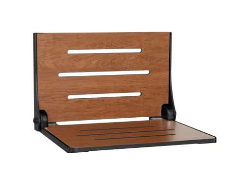 Seachrome Silhouette Folding Wall Mount Shower Bench Seat, Rustic Teak Seat with Matte Black Frame (SHAF-185155-PRTS-S-MB) - color: Rustic Teak Seat With Matte Black Frame