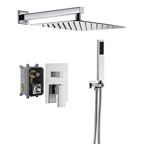 Cascada 12” Square Shower System (Wall Mounted) with Single Handle & square knob, 2 Functions (Rainfall & Handheld) (Brushed Nickel) - color: Brushed Nickel