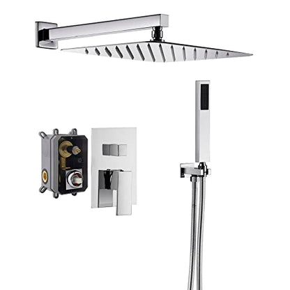 Cascada 12” Square Shower System (Wall Mounted) with Single Handle & square knob, 2 Functions (Rainfall & Handheld) (Brushed Nickel) - color: Brushed Nickel