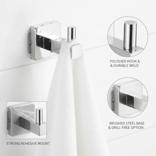 Wall Hook Stainless Steel Adhesive Mount for Bathroom Tile and Glass, Drill-Free Holder for Wet Towels and Robes (1 Piece) - size: 2.17 x 1.97 x 1.69 in