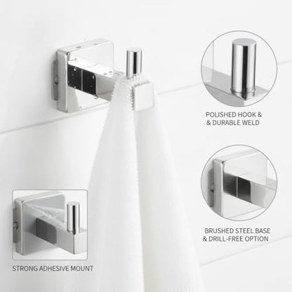 Wall Hook Stainless Steel Adhesive Mount for Bathroom Tile and Glass, Drill-Free Holder for Wet Towels and Robes (1 Piece) - size: 2.17 x 1.97 x 1.69 in