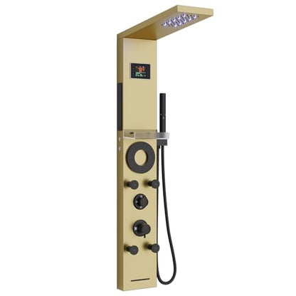 Hoimpro Brushed Gold LED Shower Panel Tower System,2 In 1Function Shower Panel Light Rainfall Waterfall Shower Rain Massage System with Body Jets Handheld Shower Sprayer, Stainless Steel, Wall Mount - color: Gold