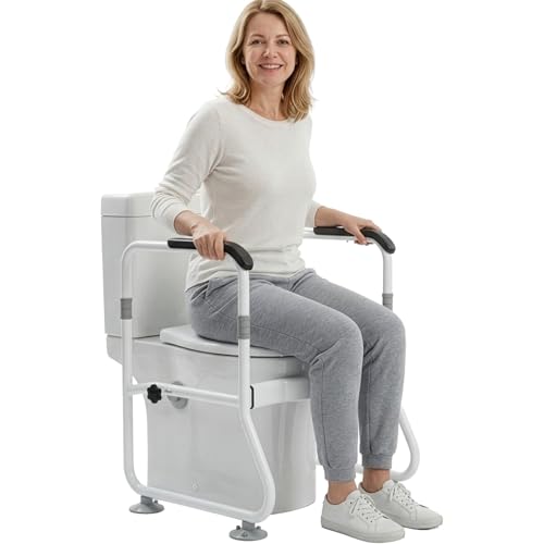 Toilet Safety Rails, Bathroom Stand Assist Aid for Elderly, Adjustable Anti-Slip Toilet Handles Bar with Wide Base, Tool-Free Assembly for Seniors, Disabled & Post-Surgery Recovery - color: White