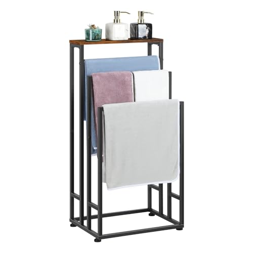 Standing Towel Rack 3 Tier Small Towel Blanket Ladder Holder Stand | For Bathroom Bedroom Living Room, Metal, Farmhouse, with Storage Shelf, Black Brown - color: Black+brown