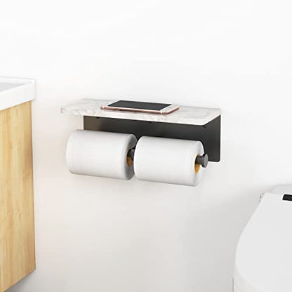 Gypie Toilet Paper Holder with Marble Shelf, Wall Mount, Double Black | Stainless Steel Tissue Roll Paper Holder Dispenser for Bathroom Washroom - color: Black Double