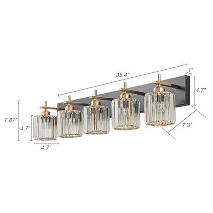 Modern Crystal Bathroom Vanity Lights, Black Gold 5-Lights Bathroom Light Fixtures Over Mirror, Crystal Wall Lighting with Polished Gold Finish(Exclude Bulb) - color: Black Gold-Round Shade, size: 5-Light