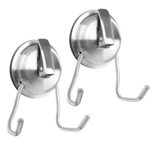 Stainless Steel Suction Cup Hooks for Shower, Bathroom, Kitchen, Glass Door, Mirror, Tile – Loofah, Towel, Coat, Bath Robe Hook Holder,(2-PCS),Brushed Silver - color: Brushed Silver