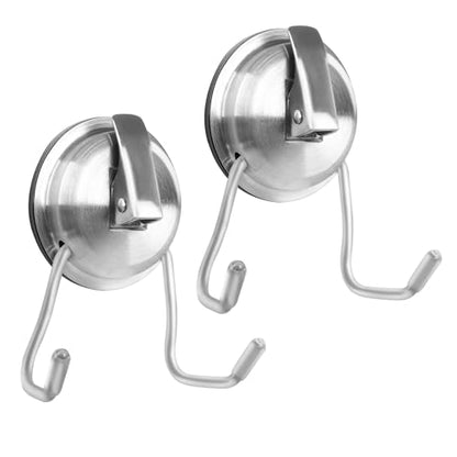 Stainless Steel Suction Cup Hooks for Shower, Bathroom, Kitchen, Glass Door, Mirror, Tile – Loofah, Towel, Coat, Bath Robe Hook Holder,(2-PCS),Brushed Silver - color: Brushed Silver