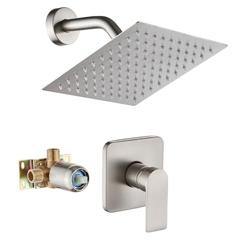 Brushed Nickel Shower Faucet Single Function Trim Kit with Rough-in Valve Set Bath Rainfall Shower System 8inch Square Stainless Steel Metal Shower Head - color: Brushed Nickel