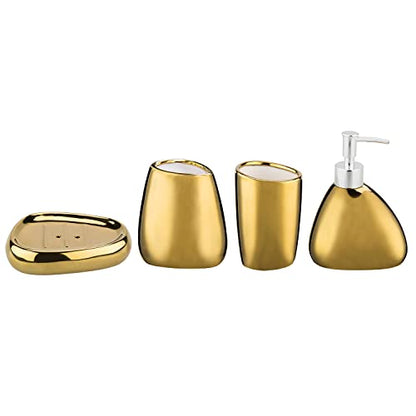 MyGift 4 Pcs Gold Bathroom Accessories Set with Toothbrush Holder, Soap Dispenser, Tumbler and Soap Dish, Bathroom Organizer Accessory for Modern Home Decor, Complete Ceramic