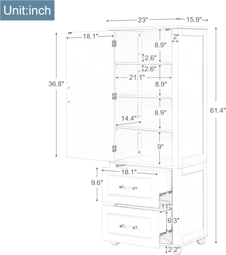 Tall Bathroom Storage Cabinet, Wood Bathroom Kitchen Pantry Cabinet with 2 Drawers and 2 Adjustable Shelves, Freestanding (White) - color: White, size: 23“x15”x61“