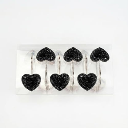 Black Heart Shower Curtain Hooks Sparkling Shower Hooks with Crystal Rhinestones - Stainless Steel Rust Resistant Hooks Holder Bling for Gothic Bathroom Accessories - color: Black