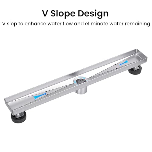 EXF Linear Shower Drain 36 Inch Brushed Nickel with Tileable Grate | 304 Stainless Steel, V-Slope Design, Debris Strainer, Seamless, Adjustable Height - color: Brushed Steel, size: 36 IN