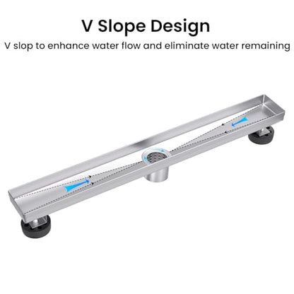 EXF Linear Shower Drain 36 Inch Brushed Nickel with Tileable Grate | 304 Stainless Steel, V-Slope Design, Debris Strainer, Seamless, Adjustable Height - color: Brushed Steel, size: 36 IN