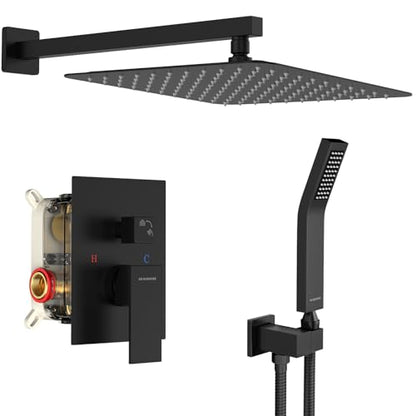 SR SUN RISE 12 Inches Matte Black Shower System 12 Inch Brass Bathroom Luxury Rain Mixer Shower Combo Set Wall Mounted Rainfall Shower Head System Shower Faucet Rough-in Valve Body and Trim Included - color: Matte Black, size: 12 Inch