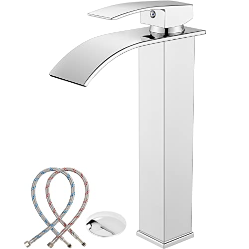 Midanya Waterfall Tall Bathroom Vessel Sink Faucet,Polish Chrome | with 24” cUPC Water Hoses,Pop Up Drain without Overflow,for 1 hole Vanity,RV,Lavatory,Bowl,Farmhouse,SUS304,Single Handle - color: Chrome