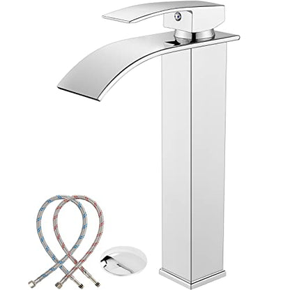 Midanya Waterfall Tall Bathroom Vessel Sink Faucet,Polish Chrome | with 24” cUPC Water Hoses,Pop Up Drain without Overflow,for 1 hole Vanity,RV,Lavatory,Bowl,Farmhouse,SUS304,Single Handle - color: Chrome