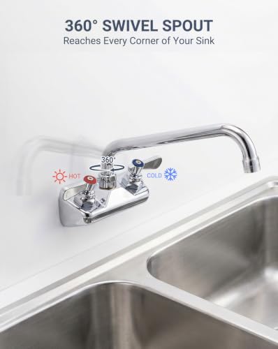 Commercial Sink Faucet - Leak Free Brass 4 Inch Wall Mount 2 Hole, 12" Swivel Spout 3 Compartment Sink Faucet for Restaurant/Industrial/Kitchen/Laundry/Bar - size: 4" Center 12" Swivel Spout