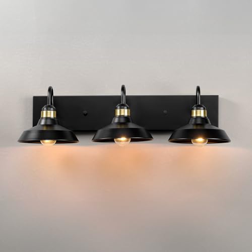 Globe Electric 63000199 24" 3-Light Vanity Light, Matte Black, Brass Accents, Exposed Bulb, Bathroom/Makeup Mirror, Wall Light - color: Cabernet