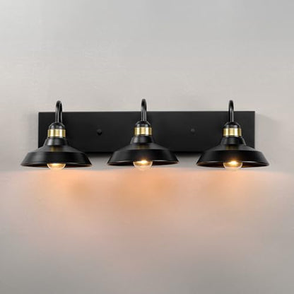 Globe Electric 63000199 24" 3-Light Vanity Light, Matte Black, Brass Accents, Exposed Bulb, Bathroom/Makeup Mirror, Wall Light - color: Cabernet