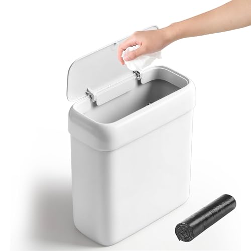 Small Bathroom Trash Can with Lid, 2.7 Gallon Slim Press-Top Trash Can, Pet-Resistant Narrow Plastic Wastebasket, White Garbage Bin for Bathroom Bedroom Office Dorm RV - size: 2.7 Gallon