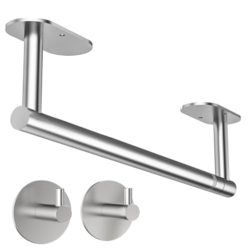 Paper Towel Holder Under Cabinet, Self Adhesive or Wall Mounted SUS304 Stainless Steel Paper Towel Holder for Kitchen, Bathroom(2 Towel Hooks, Silver) - color: Brushed Nickel, size: Holder with 2 Hooks