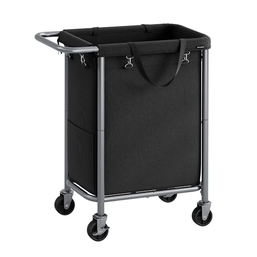 SONGMICS Laundry Basket with Wheels, Rolling Laundry Hamper, 23.8 Gallons (90 L), Removable Liner, Steel Frame with Handle, 24 x 11.4 x 31.9 Inches, Ink Black URLS003B01 - color: Ink Black, size: 90 L (1-Section)