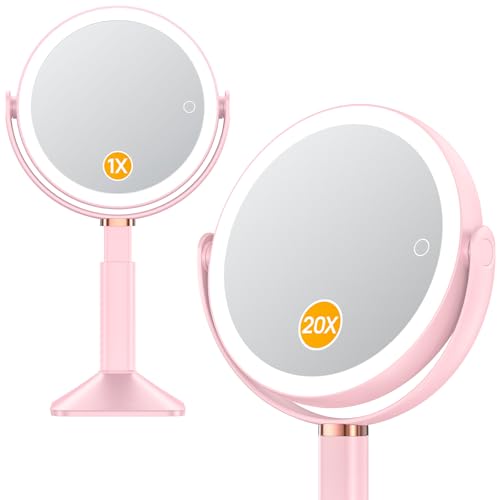 Gospire 20X Magnifying Vanity Mirror with Lights - Height Adjustable Lighted Makeup Mirror with Magnification, 4000mAh Rechargeable Battery, 3 Colored Dimmable Light for Desk Home Travel, Pink - color: Pink