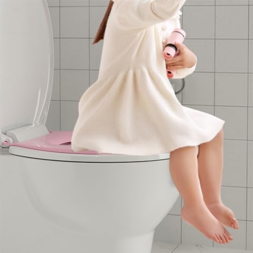 17" Round Toddler Toilet Seat, Built-In Potty Training Seat with Soft Quiet Close Non-Slip Design, Magnetic Kids Seat and Cover for Family Bathrooms, Durable and Easy to Clean,Pink - color: Pink, with Toddler Seat, size: Round (17″)