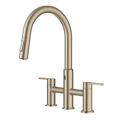 KRAUS Oletto Touchless Sensor Bridge Kitchen Faucet with Pull-Down Sprayhead in Spot-Free Antique Champagne Bronze, KSF-3122SFACB - color: Spot Free Antique Champagne Bronze, style: Bridge Touchless Faucet