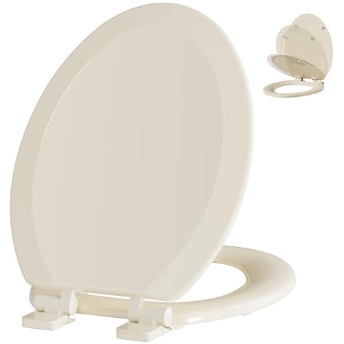 Angol Shiold Quiet-Close Molded Wood Toilet Seat with Non-Slip Adjustable Hinges, Anti-Pinch Bumpers, Easy Install & Clean（Bone, Elongated 18.5''） - color: Bone, size: Elongated 18.5‘’