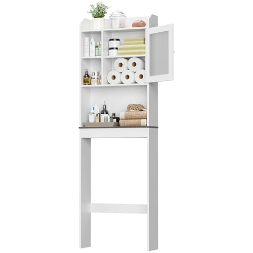 SUPER DEAL Over The Toilet Bathroom Storage Cabinet Freestanding Wooden Bathroom Organizer with Adjustable Shelves and Glass Door, White - color: White