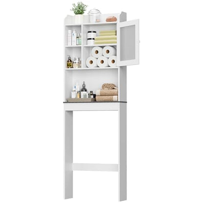 SUPER DEAL Over The Toilet Bathroom Storage Cabinet Freestanding Wooden Bathroom Organizer with Adjustable Shelves and Glass Door, White - color: White