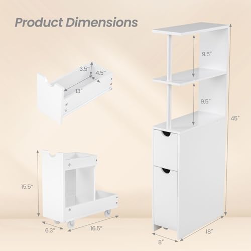 Giantex Slim Storage Cabinet, Narrow Freestanding Bathroom Organizer with Open Shelves, Pull-Out Drawer and Slide-Out Cart, Space-Saving Wooden Floor Cabinet for Entryway, Living Room and Kitchen