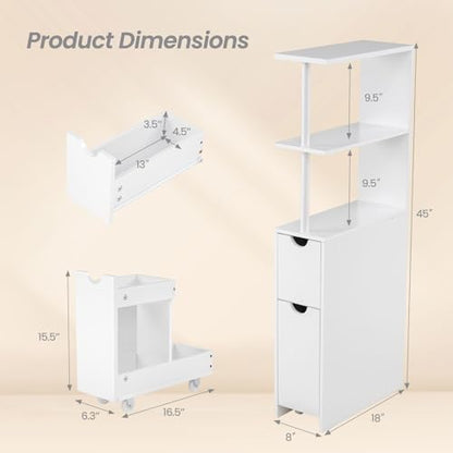 Giantex Slim Storage Cabinet, Narrow Freestanding Bathroom Organizer with Open Shelves, Pull-Out Drawer and Slide-Out Cart, Space-Saving Wooden Floor Cabinet for Entryway, Living Room and Kitchen