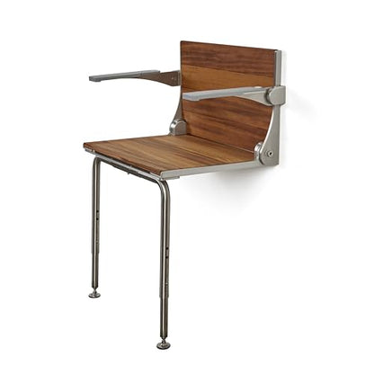 Silhouette Comfort Plus Folding Shower Seat with Armrests & Legs – Heavy-Duty Wall-Mounted Shower Bench, Teak Wood Seat with Silver Frame - color: Gray Frame, size: 18.73" x 15.25", style: Teak Wood