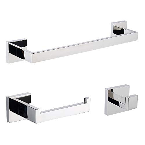 TASTOS 3-Piece Chrome Bathroom Hardware Accessory Set, Premium Stainless Steel Robe Hook Toilet Paper Holder 16-Inch Towel Bar Set Wall Mounted Square Style, Polished Finish (Silver) - color: Polished