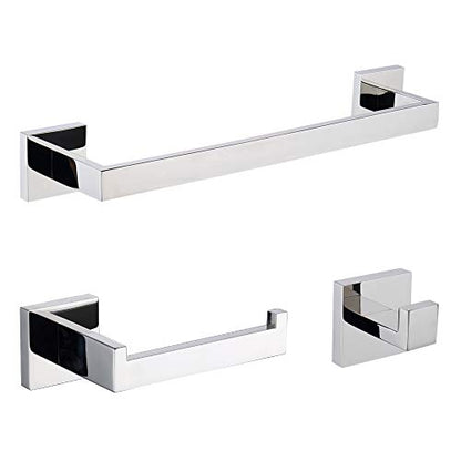TASTOS 3-Piece Chrome Bathroom Hardware Accessory Set, Premium Stainless Steel Robe Hook Toilet Paper Holder 16-Inch Towel Bar Set Wall Mounted Square Style, Polished Finish (Silver) - color: Polished